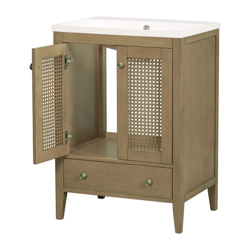 24' Bathroom Vanity with Ceramic Basin, Rattan Bathroom Storage Cabinet with Two Doors and Drawer, Solid Frame, Natural (OLD SKU: JL000008AAD) Default -DTYStore