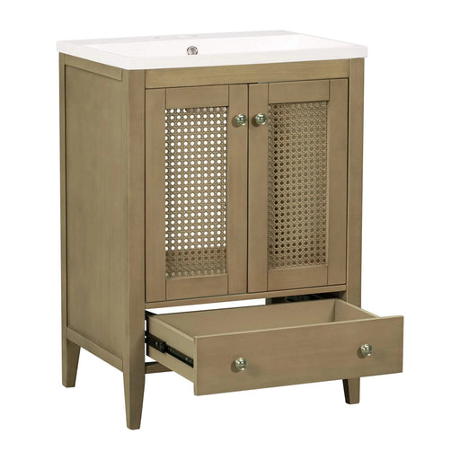 24' Bathroom Vanity with Ceramic Basin, Rattan Bathroom Storage Cabinet with Two Doors and Drawer, Solid Frame, Natural (OLD SKU: JL000008AAD) Default -DTYStore