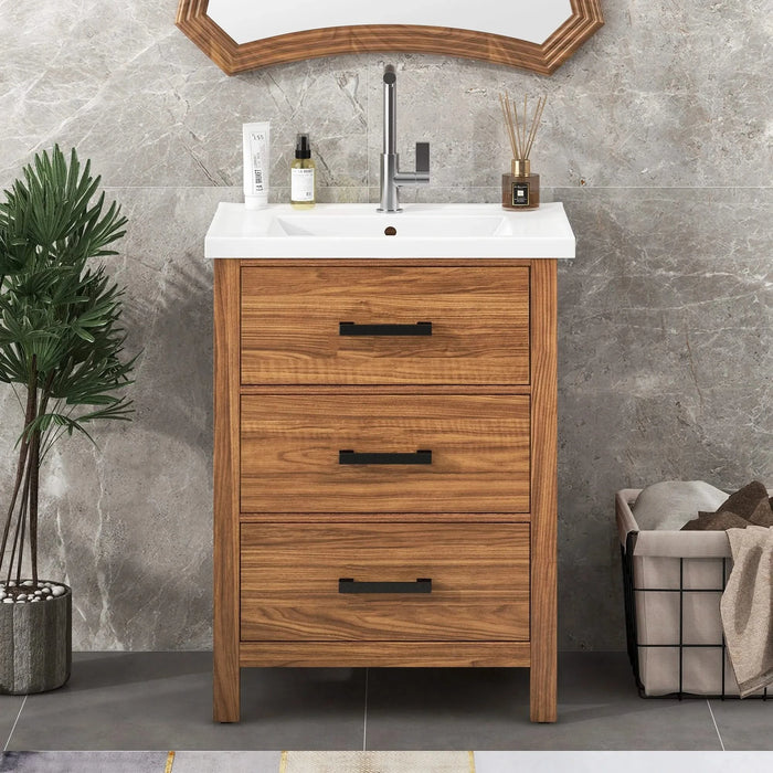 24'' Bathroom Vanity with Ceramic Basin Sink, Modern Bathroom Storage Cabinet with 3 Drawers, Freestanding Bathroom Vanity Cabinet with Single Sink (Same as SW000108AAP) Default -DTYStore