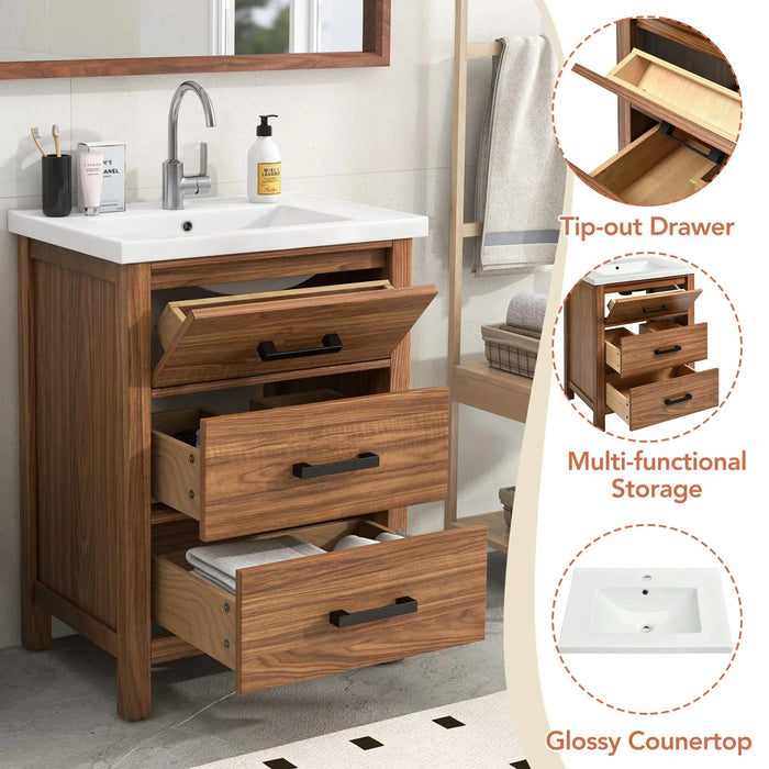 24'' Bathroom Vanity with Ceramic Basin Sink, Modern Bathroom Storage Cabinet with 3 Drawers, Freestanding Bathroom Vanity Cabinet with Single Sink (Same as SW000108AAP) Default -DTYStore