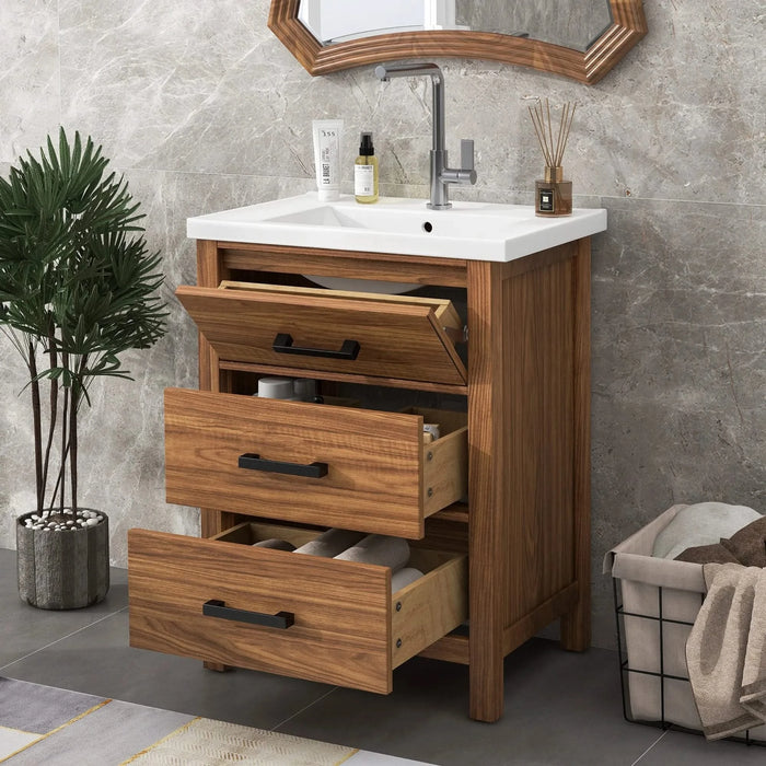 24'' Bathroom Vanity with Ceramic Basin Sink, Modern Bathroom Storage Cabinet with 3 Drawers, Freestanding Bathroom Vanity Cabinet with Single Sink (Same as SW000108AAP) Default -DTYStore
