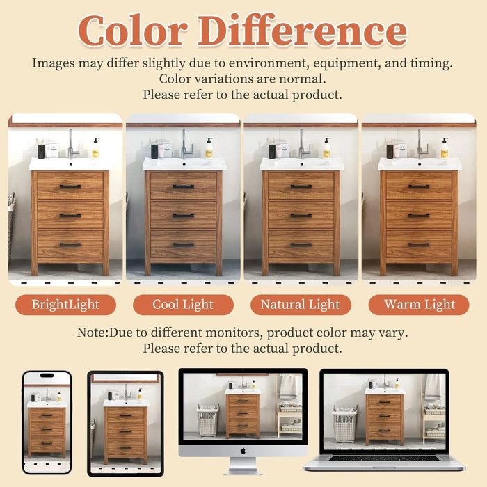 24'' Bathroom Vanity with Ceramic Basin Sink, Modern Bathroom Storage Cabinet with 3 Drawers, Freestanding Bathroom Vanity Cabinet with Single Sink (Same as SW000108AAP) Default -DTYStore