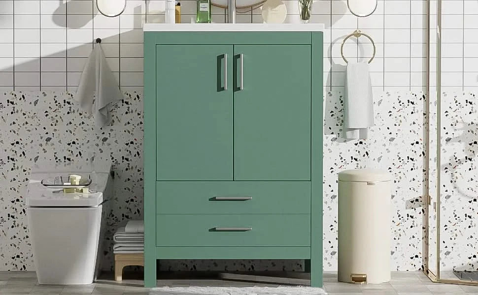 24'' Bathroom Vanity with Ceramic Sink Combo, Modern Freestanding Storae Cabinet with Silver Handles, Soft Closing Doors Default -DTYStore