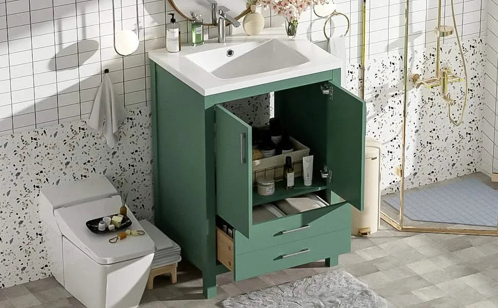 24'' Bathroom Vanity with Ceramic Sink Combo, Modern Freestanding Storae Cabinet with Silver Handles, Soft Closing Doors Default -DTYStore