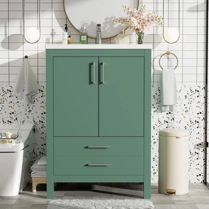 24'' Bathroom Vanity with Ceramic Sink Combo, Modern Freestanding Storae Cabinet with Silver Handles, Soft Closing Doors Default -DTYStore