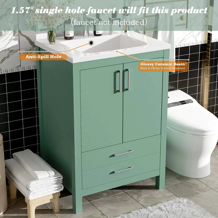 24'' Bathroom Vanity with Ceramic Sink Combo, Modern Freestanding Storae Cabinet with Silver Handles, Soft Closing Doors Default -DTYStore