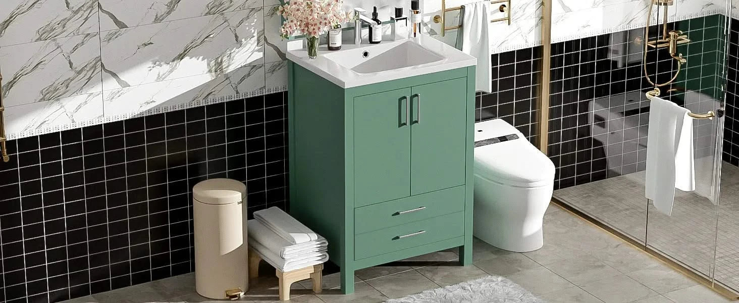 24'' Bathroom Vanity with Ceramic Sink Combo, Modern Freestanding Storae Cabinet with Silver Handles, Soft Closing Doors Default -DTYStore