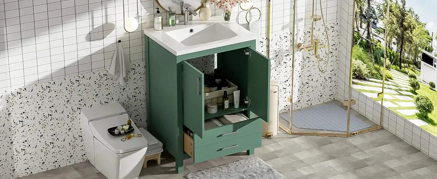 24'' Bathroom Vanity with Ceramic Sink Combo, Modern Freestanding Storae Cabinet with Silver Handles, Soft Closing Doors Default -DTYStore