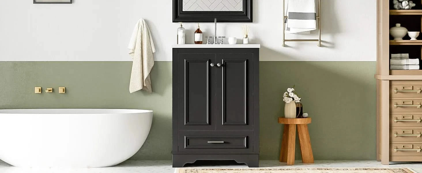 24'' Bathroom Vanity with Ceramic Sink Combo, Modern Freestanding Storage Cabinet with Silver Handles, Soft Closing Doors Default -DTYStore
