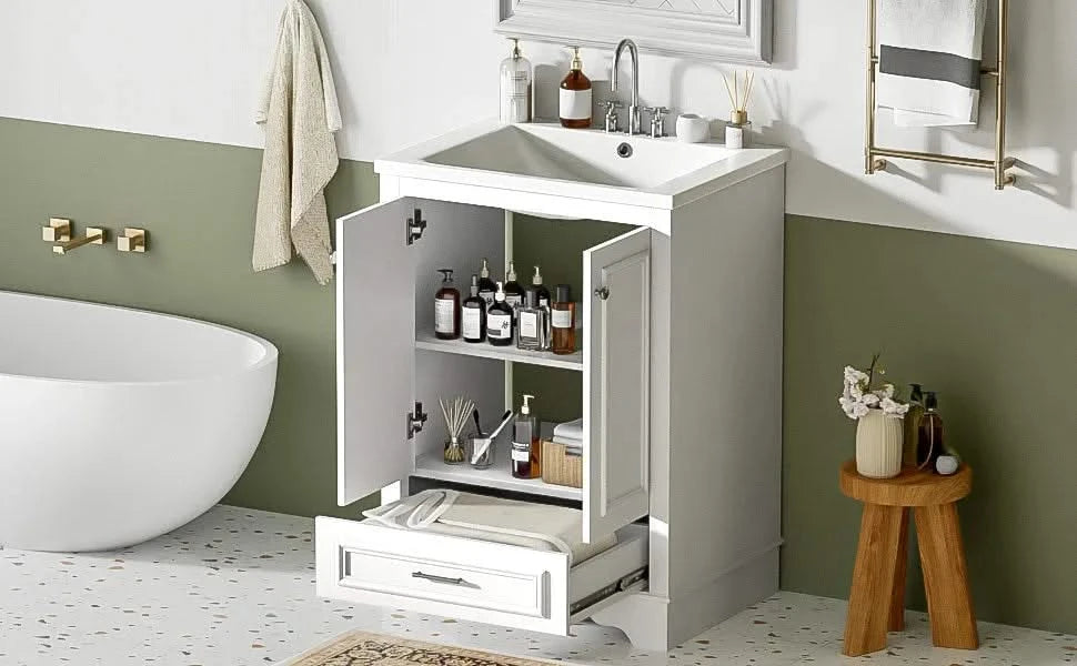 24'' Bathroom Vanity with Ceramic Sink Combo, Modern Freestanding Storage Cabinet with Silver Handles, Soft Closing Doors Default -DTYStore