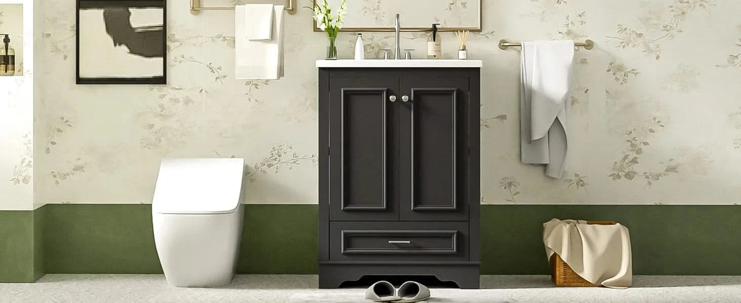 24'' Bathroom Vanity with Ceramic Sink Combo, Modern Freestanding Storage Cabinet with Silver Handles, Soft Closing Doors Default -DTYStore