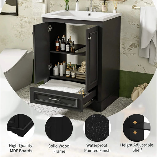 24'' Bathroom Vanity with Ceramic Sink Combo, Modern Freestanding Storage Cabinet with Silver Handles, Soft Closing Doors Default -DTYStore