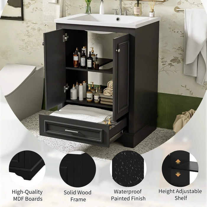 24'' Bathroom Vanity with Ceramic Sink Combo, Modern Freestanding Storage Cabinet with Silver Handles, Soft Closing Doors Default -DTYStore