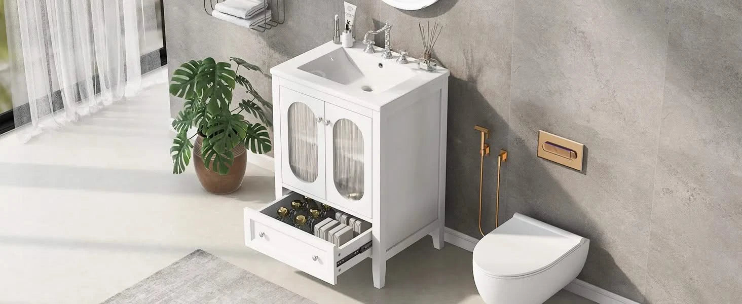 24' Bathroom Vanity with Sink, Bathroom Vanity Cabinet with One Drawer and Doors, Adjustable Shelf, Solid Wood and MDF, White Default -DTYStore