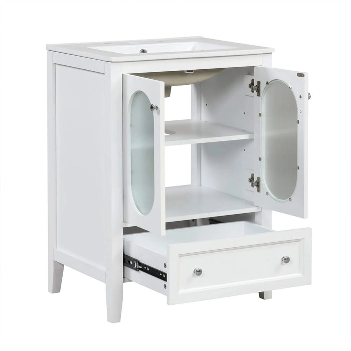 24' Bathroom Vanity with Sink, Bathroom Vanity Cabinet with One Drawer and Doors, Adjustable Shelf, Solid Wood and MDF, White Default -DTYStore