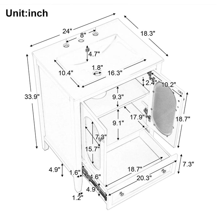 24' Bathroom Vanity with Sink, Bathroom Vanity Cabinet with One Drawer and Doors, Adjustable Shelf, Solid Wood and MDF, White Default -DTYStore