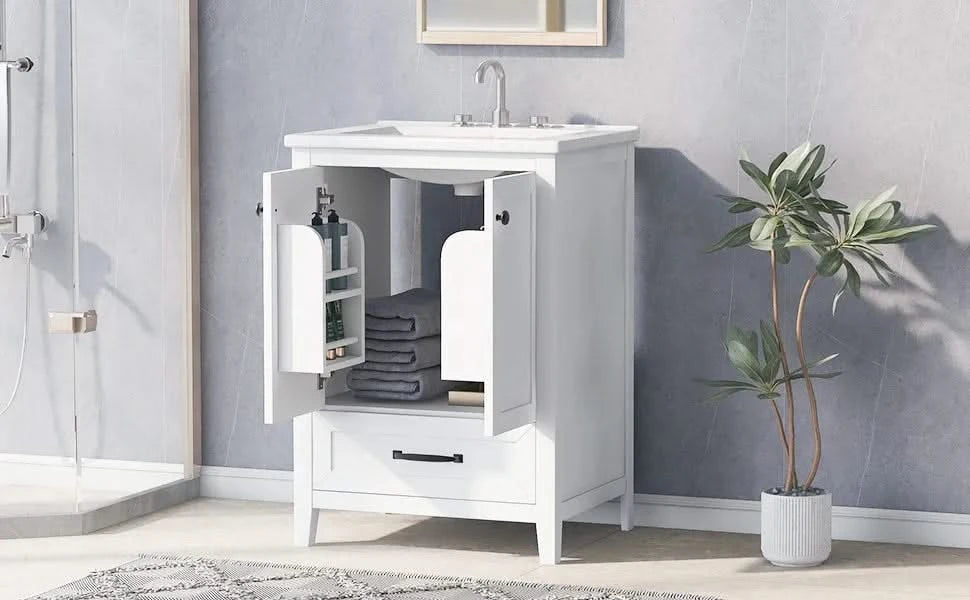 24' Bathroom Vanity with Sink, Bathroom Vanity Cabinet with One Drawer and Doors, Solid Wood and MDF, White Default -DTYStore