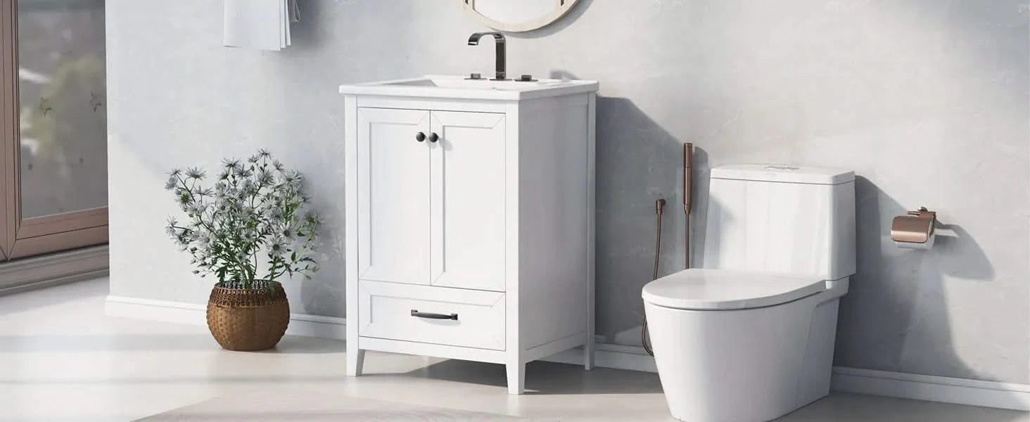 24' Bathroom Vanity with Sink, Bathroom Vanity Cabinet with One Drawer and Doors, Solid Wood and MDF, White Default -DTYStore