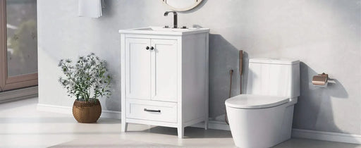 24' Bathroom Vanity with Sink, Bathroom Vanity Cabinet with One Drawer and Doors, Solid Wood and MDF, White Default -DTYStore