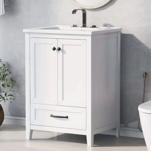 24' Bathroom Vanity with Sink, Bathroom Vanity Cabinet with One Drawer and Doors, Solid Wood and MDF, White Default -DTYStore