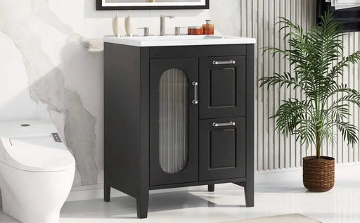 24' Bathroom Vanity with Sink, Bathroom Vanity Cabinet with Two Drawers and Door, Adjustable Shelf, Solid Wood and MDF, Black Default -DTYStore