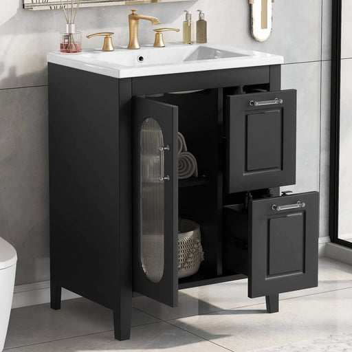 24' Bathroom Vanity with Sink, Bathroom Vanity Cabinet with Two Drawers and Door, Adjustable Shelf, Solid Wood and MDF, Black Default -DTYStore