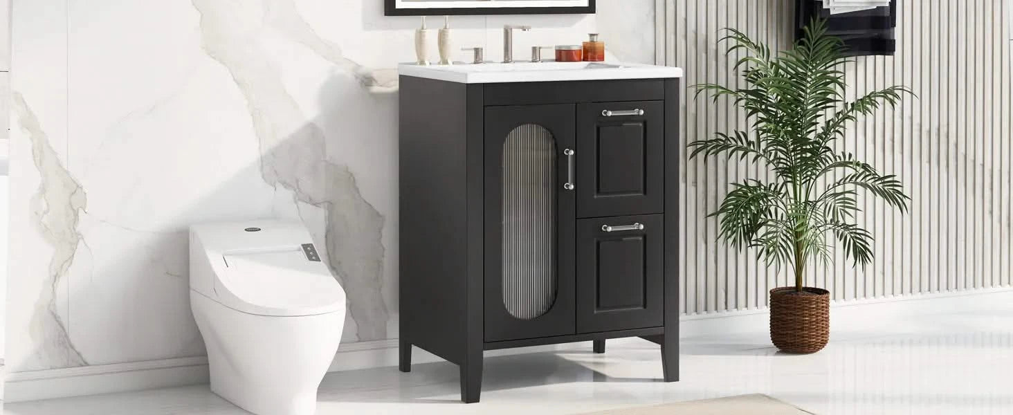 24' Bathroom Vanity with Sink, Bathroom Vanity Cabinet with Two Drawers and Door, Adjustable Shelf, Solid Wood and MDF, Black Default -DTYStore