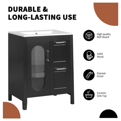 24' Bathroom Vanity with Sink, Bathroom Vanity Cabinet with Two Drawers and Door, Adjustable Shelf, Solid Wood and MDF, Black Default -DTYStore