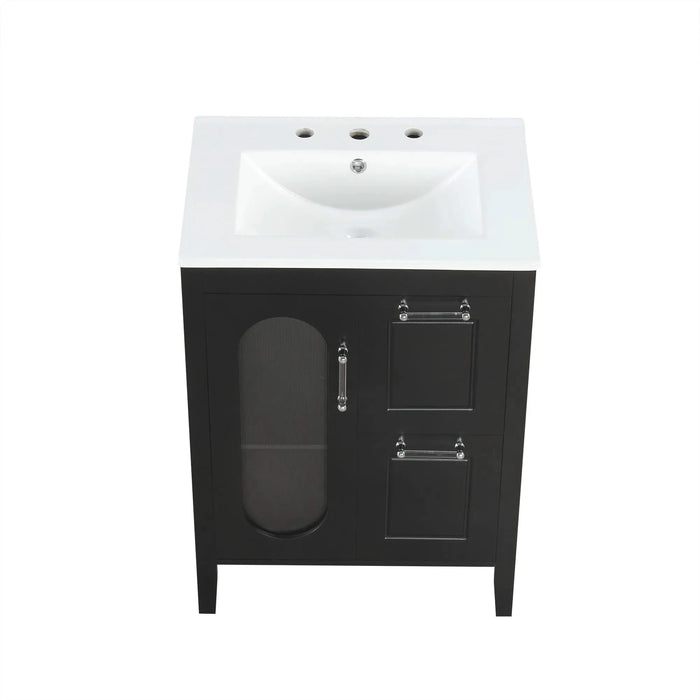 24' Bathroom Vanity with Sink, Bathroom Vanity Cabinet with Two Drawers and Door, Adjustable Shelf, Solid Wood and MDF, Black Default -DTYStore