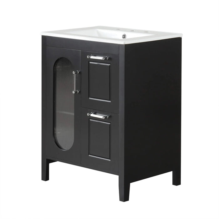 24' Bathroom Vanity with Sink, Bathroom Vanity Cabinet with Two Drawers and Door, Adjustable Shelf, Solid Wood and MDF, Black Default -DTYStore