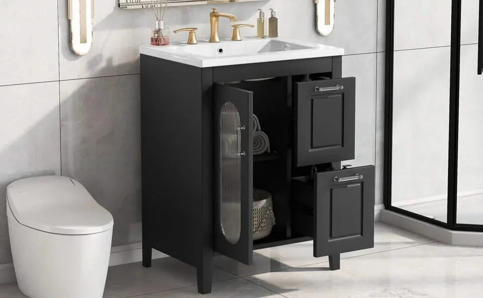 24' Bathroom Vanity with Sink, Bathroom Vanity Cabinet with Two Drawers and Door, Adjustable Shelf, Solid Wood and MDF, Black Default -DTYStore