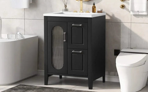 24' Bathroom Vanity with Sink, Bathroom Vanity Cabinet with Two Drawers and Door, Adjustable Shelf, Solid Wood and MDF, Black Default -DTYStore