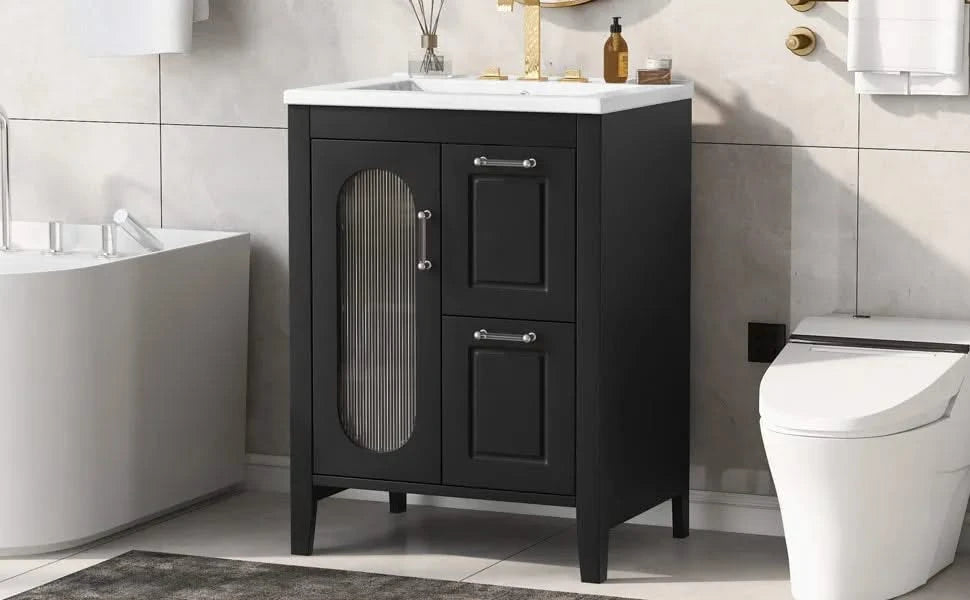 24' Bathroom Vanity with Sink, Bathroom Vanity Cabinet with Two Drawers and Door, Adjustable Shelf, Solid Wood and MDF, Black Default -DTYStore