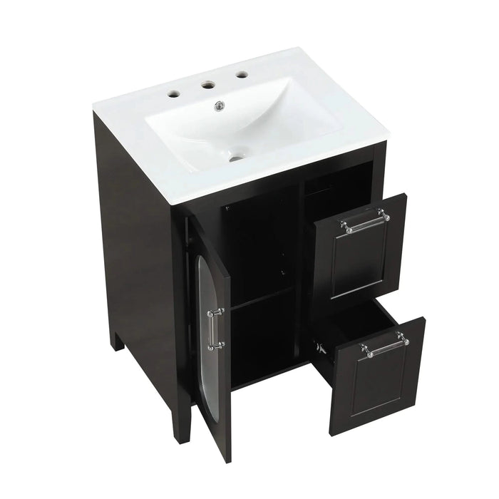 24' Bathroom Vanity with Sink, Bathroom Vanity Cabinet with Two Drawers and Door, Adjustable Shelf, Solid Wood and MDF, Black Default -DTYStore