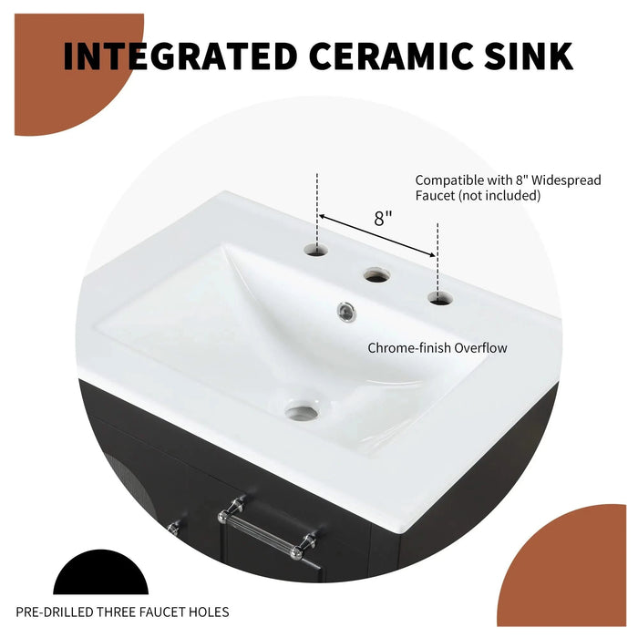 24' Bathroom Vanity with Sink, Bathroom Vanity Cabinet with Two Drawers and Door, Adjustable Shelf, Solid Wood and MDF, Black Default -DTYStore