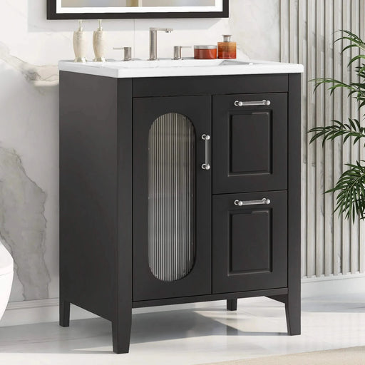 24' Bathroom Vanity with Sink, Bathroom Vanity Cabinet with Two Drawers and Door, Adjustable Shelf, Solid Wood and MDF, Black Default -DTYStore