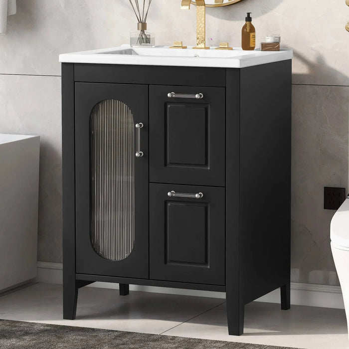 24' Bathroom Vanity with Sink, Bathroom Vanity Cabinet with Two Drawers and Door, Adjustable Shelf, Solid Wood and MDF, Black Default -DTYStore