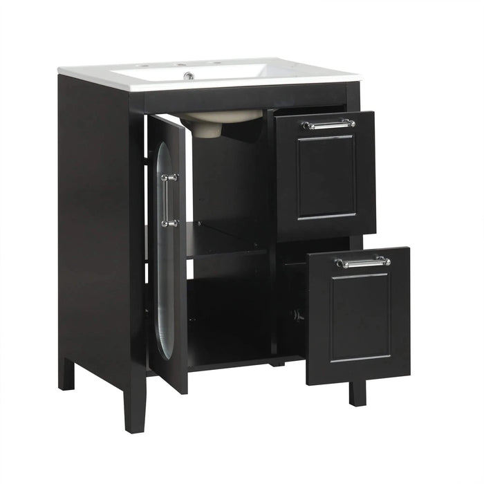 24' Bathroom Vanity with Sink, Bathroom Vanity Cabinet with Two Drawers and Door, Adjustable Shelf, Solid Wood and MDF, Black Default -DTYStore