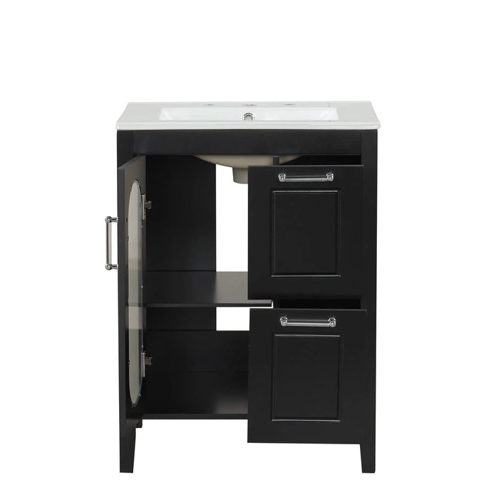 24' Bathroom Vanity with Sink, Bathroom Vanity Cabinet with Two Drawers and Door, Adjustable Shelf, Solid Wood and MDF, Black Default -DTYStore