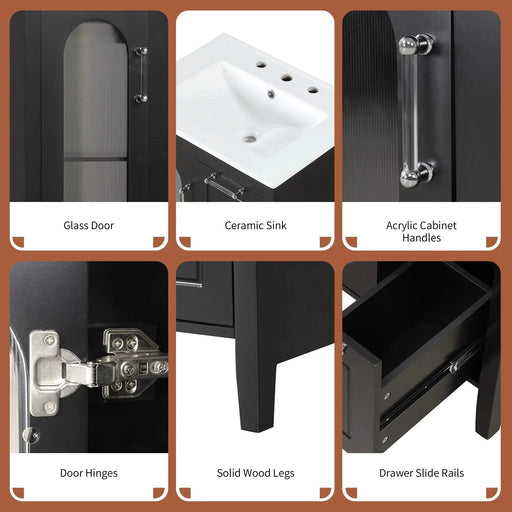 24' Bathroom Vanity with Sink, Bathroom Vanity Cabinet with Two Drawers and Door, Adjustable Shelf, Solid Wood and MDF, Black Default -DTYStore