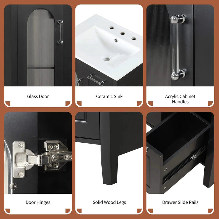 24' Bathroom Vanity with Sink, Bathroom Vanity Cabinet with Two Drawers and Door, Adjustable Shelf, Solid Wood and MDF, Black Default -DTYStore