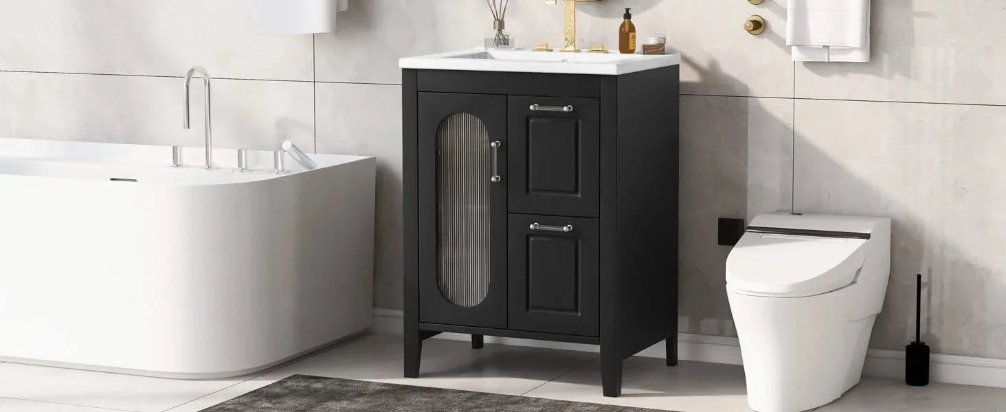 24' Bathroom Vanity with Sink, Bathroom Vanity Cabinet with Two Drawers and Door, Adjustable Shelf, Solid Wood and MDF, Black Default -DTYStore