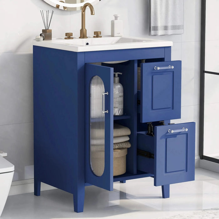 24' Bathroom Vanity with Sink, Bathroom Vanity Cabinet with Two Drawers and Door, Adjustable Shelf, Solid Wood and MDF, Blue Default -DTYStore