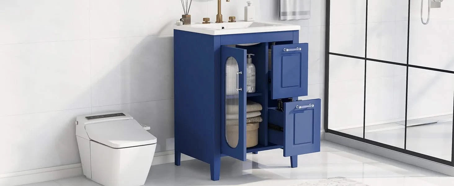 24' Bathroom Vanity with Sink, Bathroom Vanity Cabinet with Two Drawers and Door, Adjustable Shelf, Solid Wood and MDF, Blue Default -DTYStore