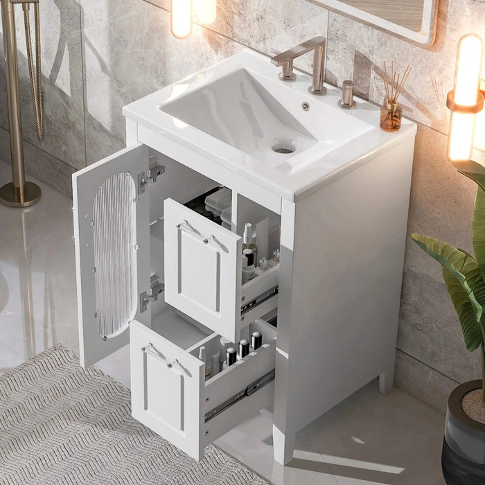 24' Bathroom Vanity with Sink, Bathroom Vanity Cabinet with Two Drawers and Door, Adjustable Shelf, Solid Wood and MDF, White (Old Sku:WF309411AAK) Default -DTYStore