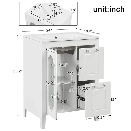 24' Bathroom Vanity with Sink, Bathroom Vanity Cabinet with Two Drawers and Door, Adjustable Shelf, Solid Wood and MDF, White (Old Sku:WF309411AAK) Default -DTYStore