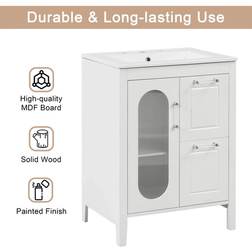 24' Bathroom Vanity with Sink, Bathroom Vanity Cabinet with Two Drawers and Door, Adjustable Shelf, Solid Wood and MDF, White (Old Sku:WF309411AAK) Default -DTYStore
