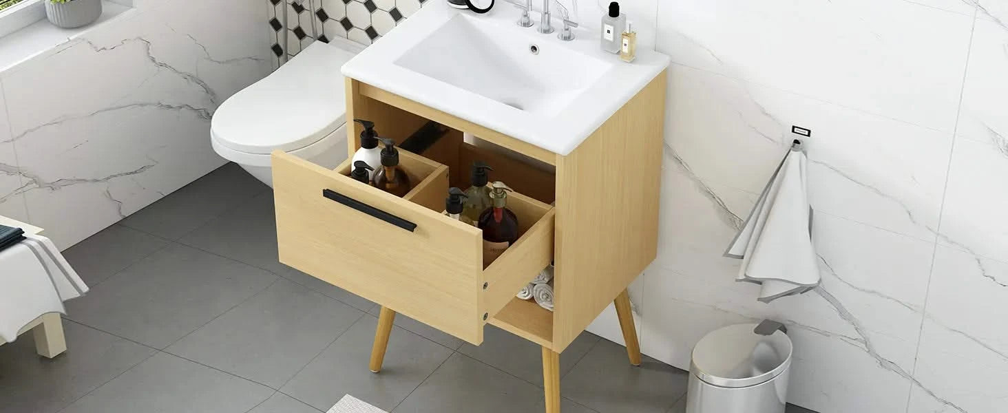 24' Bathroom Vanity with Sink Combo, Multi-functional Bathroom Cabinet with Drawer, MDF Board, Natural Default -DTYStore