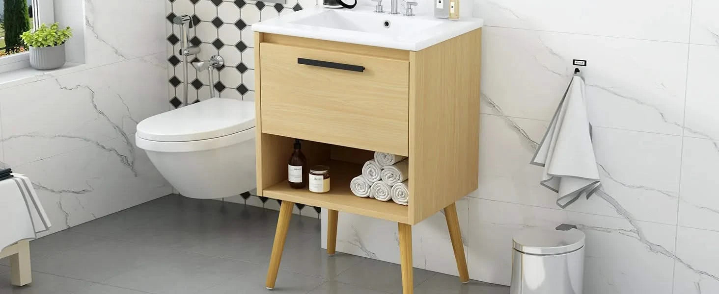 24' Bathroom Vanity with Sink Combo, Multi-functional Bathroom Cabinet with Drawer, MDF Board, Natural Default -DTYStore
