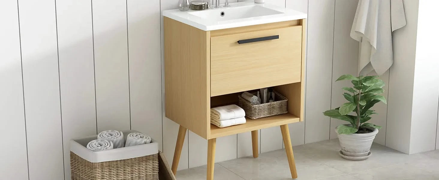 24' Bathroom Vanity with Sink Combo, Multi-functional Bathroom Cabinet with Drawer, MDF Board, Natural Default -DTYStore